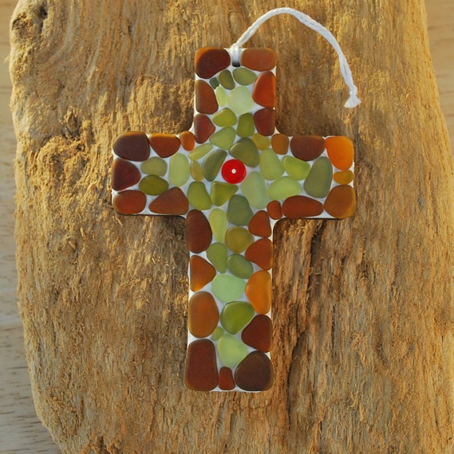 Sea glass mosaic cross hanger