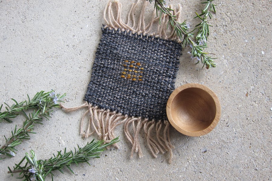 Navy woven coaster with Japanese Boro inspired embroidery