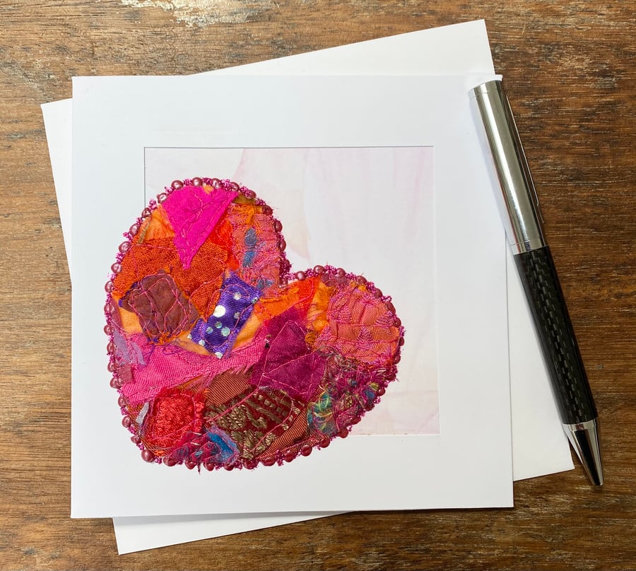 Up-cycled embroidered heart card. 