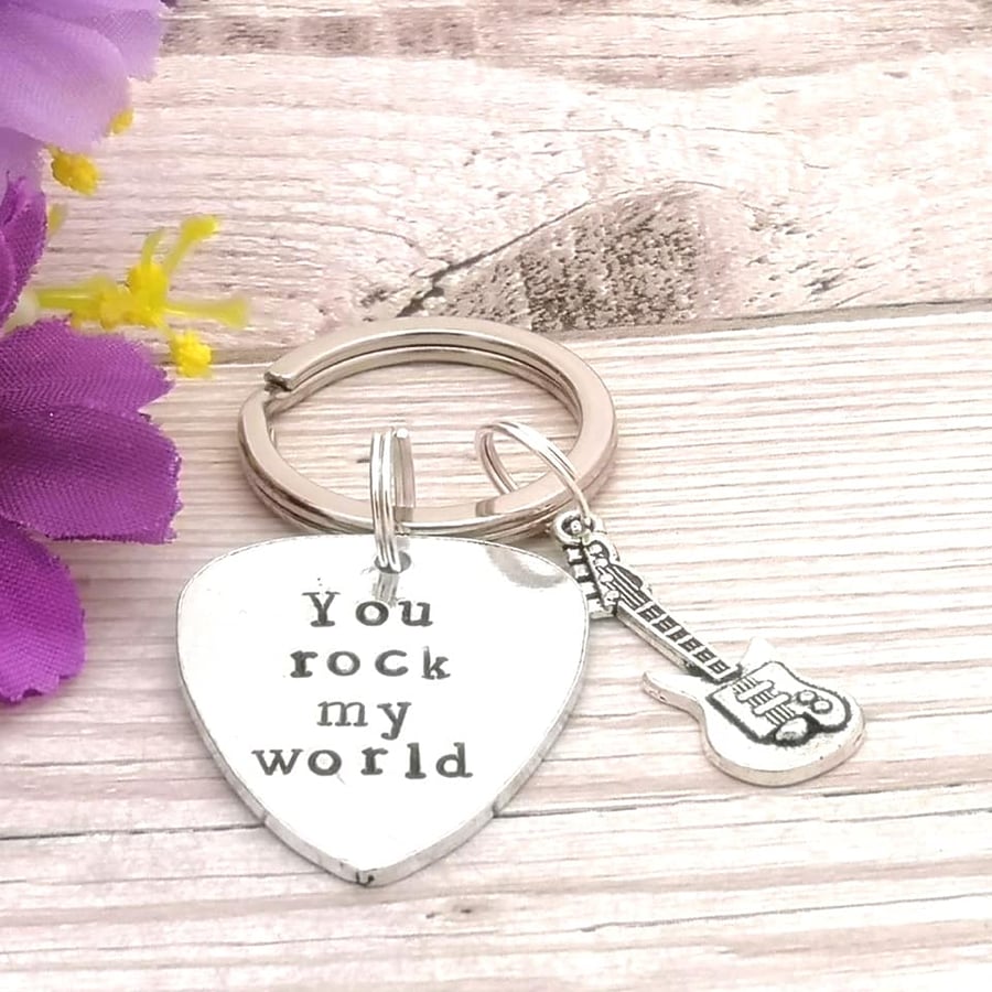 You Rock My World Keyring - Guitar Pick Keychain - Gift For Him - Music Gift