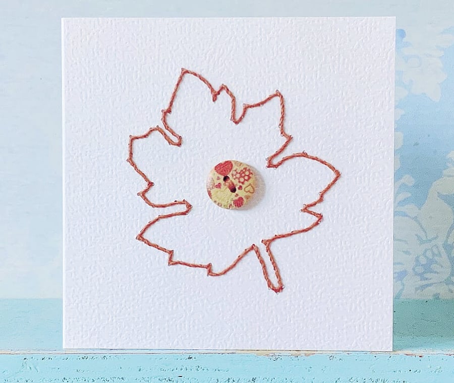 Hand Sewn Leaf Card. Hand Stitched Card. Autumn Card. Embroidered Card. Cards.