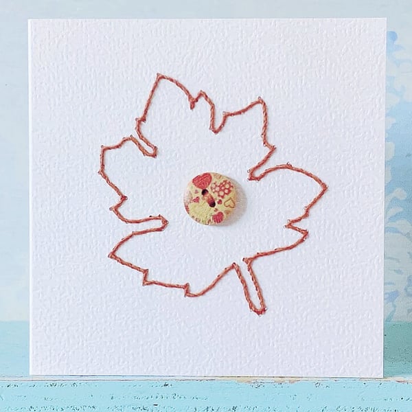 Hand Sewn Leaf Card. Hand Stitched Card. Autumn Card. Embroidered Card. Cards.