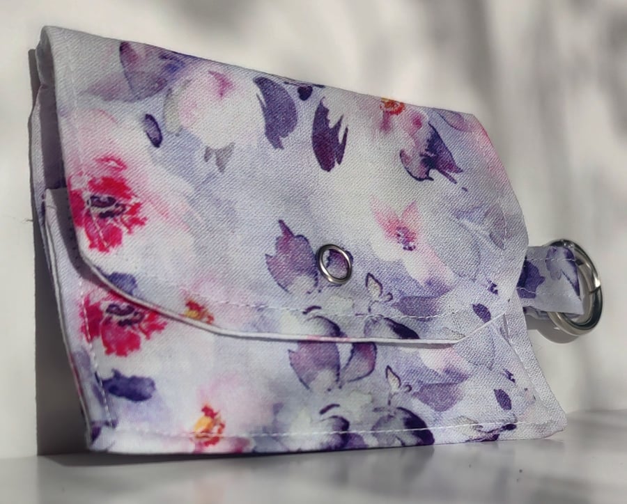 Card Holder Purse - pink and purple flower design, fastener, and attachment clip