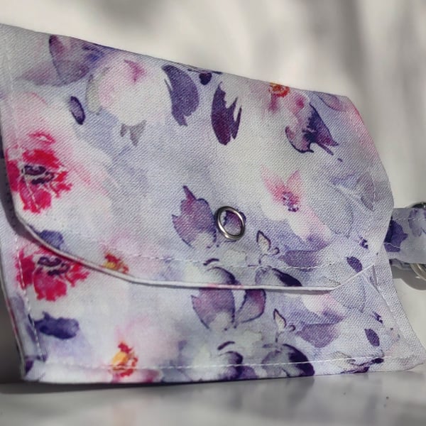 Card Holder Purse - pink and purple flower design, fastener, and attachment clip