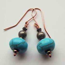 Earrings turquoise and pyrite gemstone copper handmade