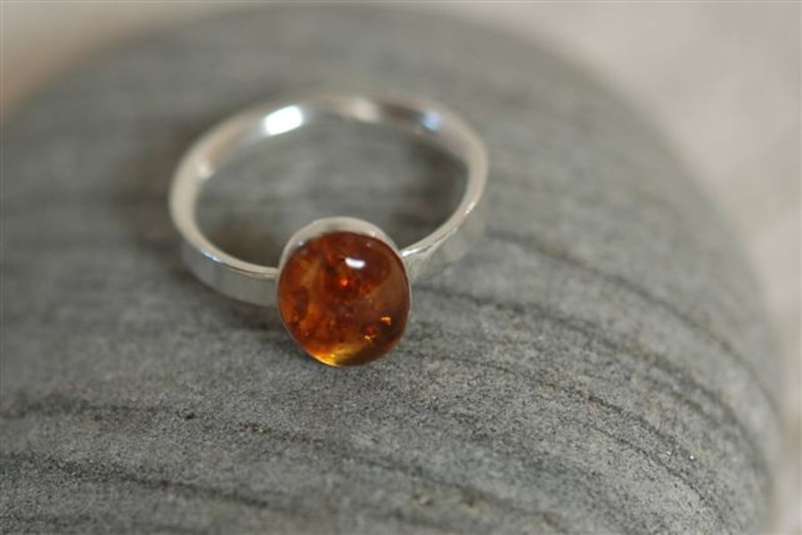 Silver Ring with Amber Gemstone,  size O. November birthstone.