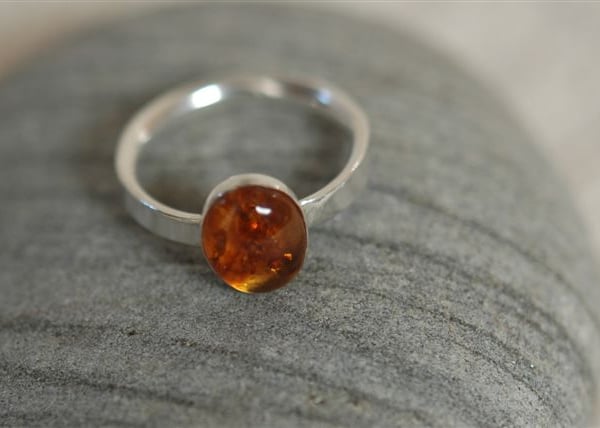 Silver Ring with Amber Gemstone,  size O. November birthstone.