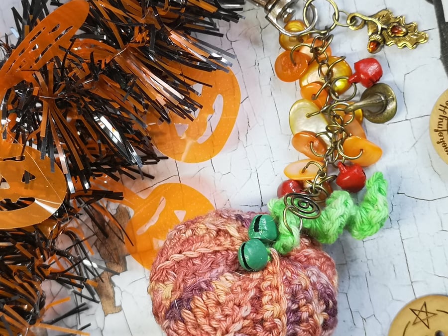 Pumpkin Bagcharm with Orange Agate and Charms.  Ready to Post.