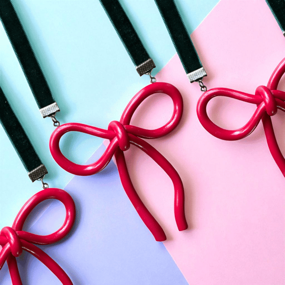 Handmade Christmas Bow Necklace - Cherry Red Festive Jewellery Gift