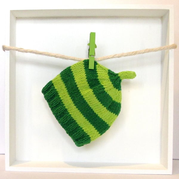 Baby Hat in Dark Green & Lime Green Stripes Size 0 - 2 Months 