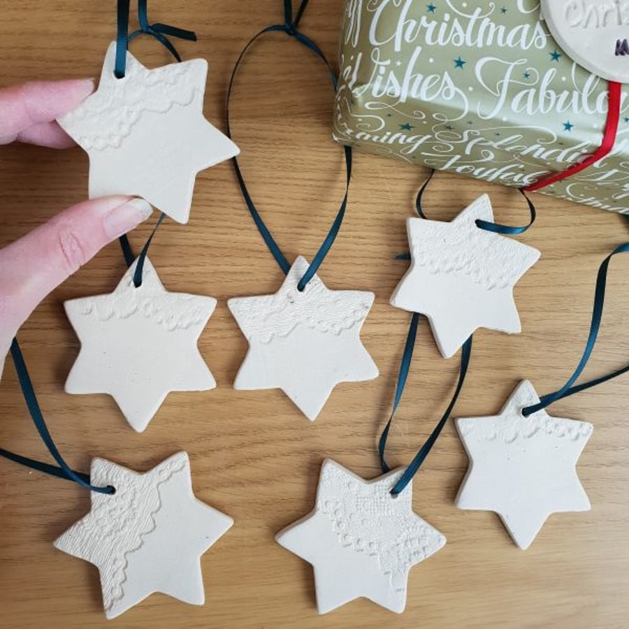 Ceramic Star Hanging Decoration impressed with lace