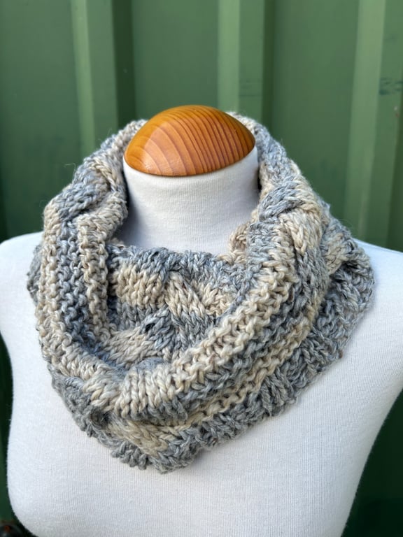 Hand Knitted Grey and Beige Snood Cowl Scarf