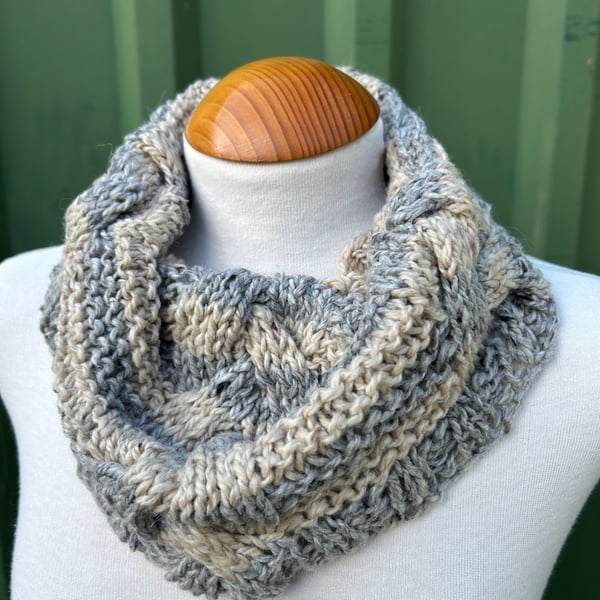 Hand Knitted Grey and Beige Snood Cowl Scarf