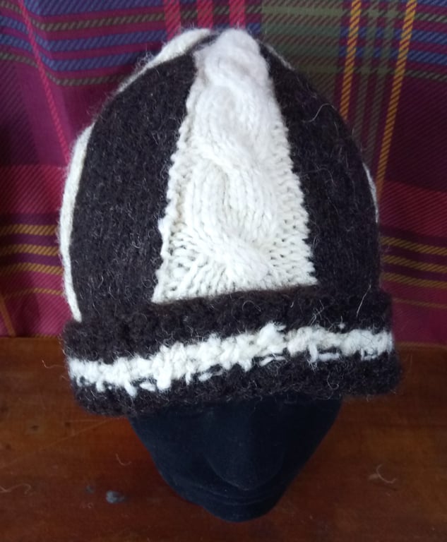 Handspun and Hand-knitted Striped Cable Hat in Texel and Cheviot Wool