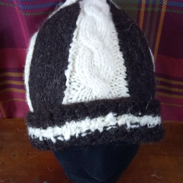 Handspun and Hand-knitted Striped Cable Hat in Texel and Cheviot Wool