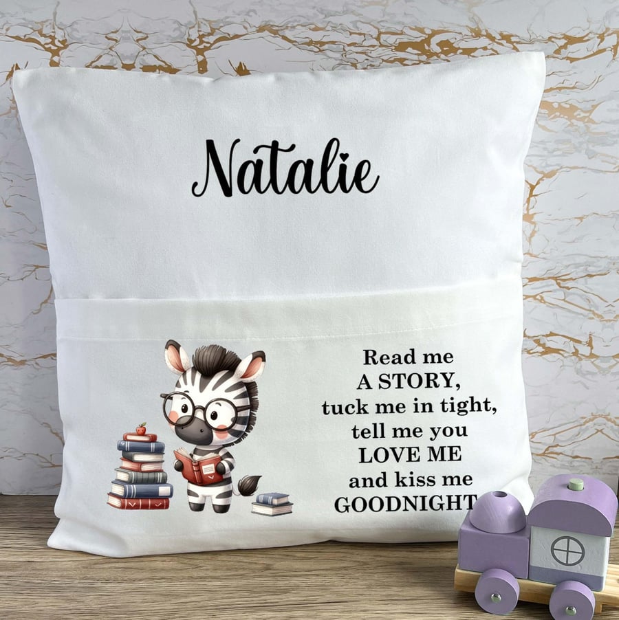 Personalised Zebra Book Pocket Cushion, Read Me A Story Reading Cushion