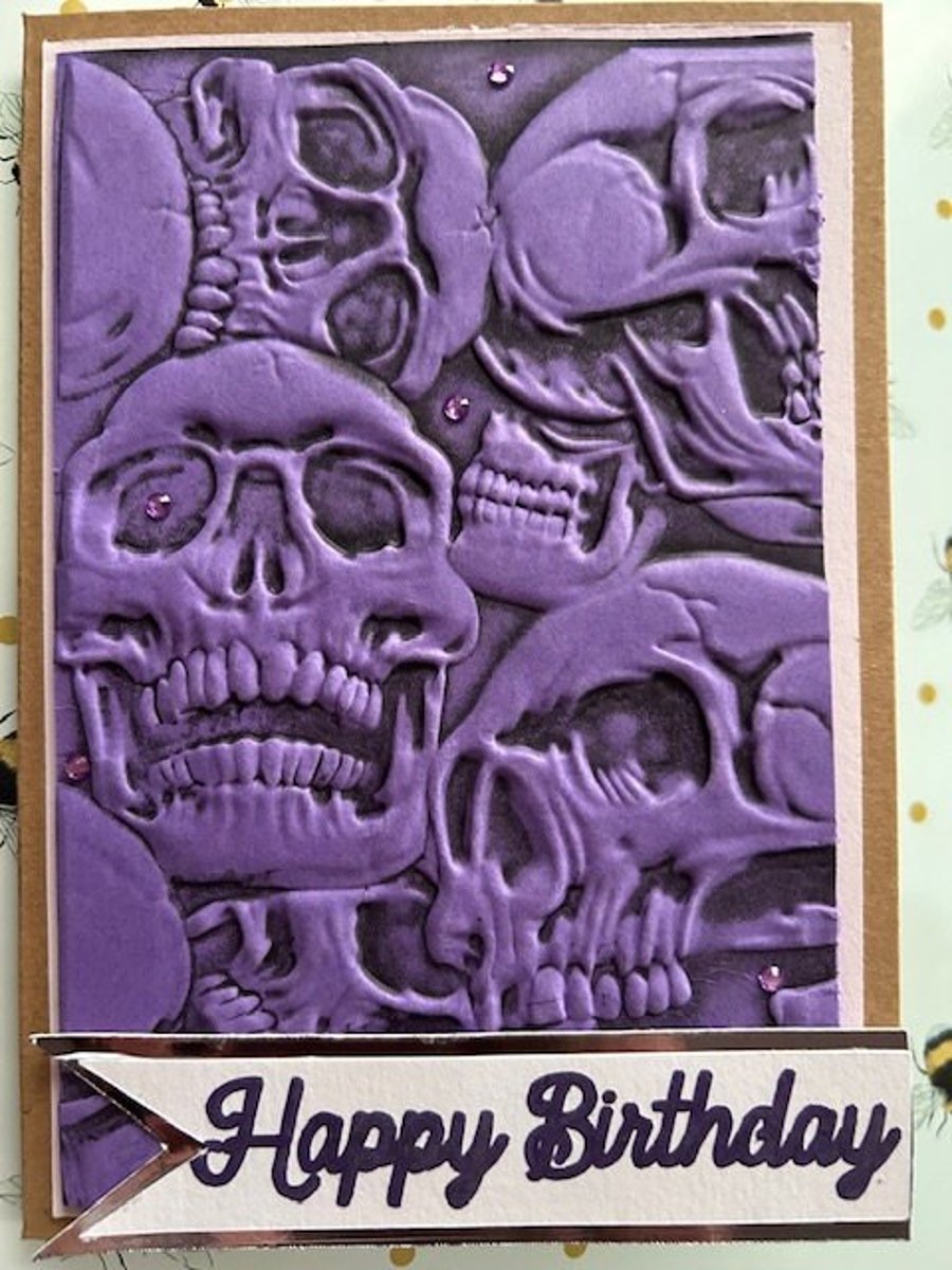 Skull happy birthday card, unusual, rhinestones, purple. 3D.