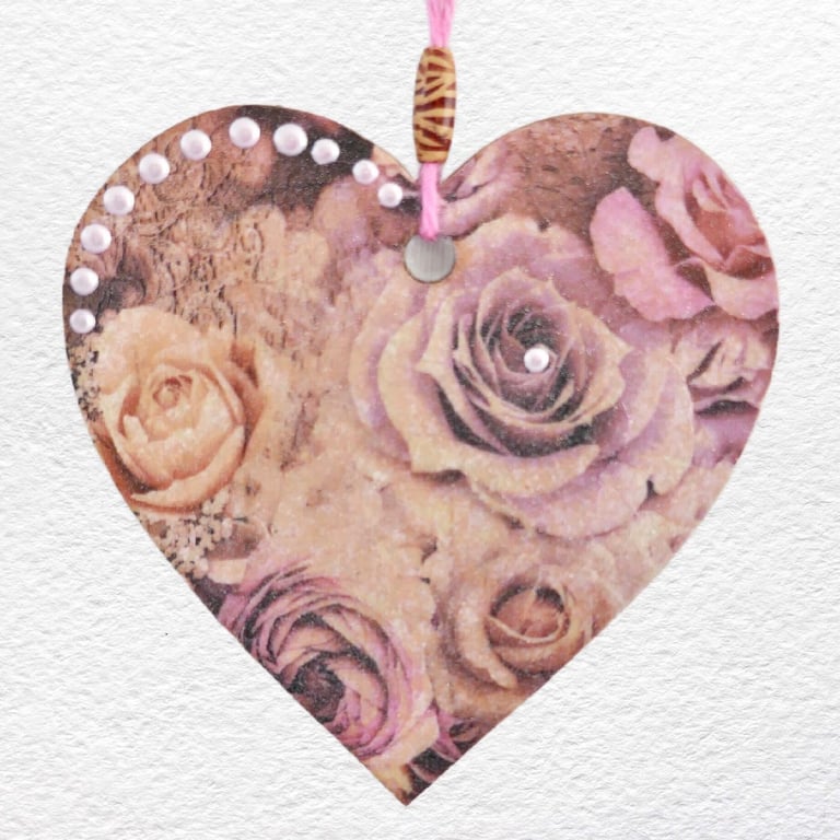 Glitter Roses: Decoupaged Wooden Hanging Heart 15cm (6")