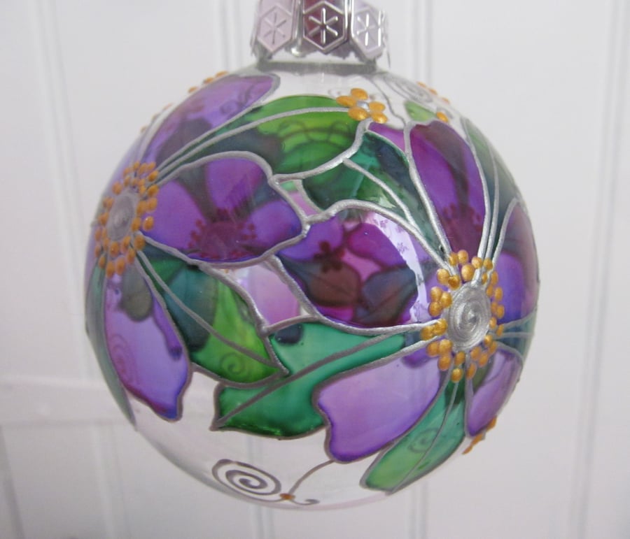 Hand Painted Glass Bauble Suncatcher (Purple Dog Rose)