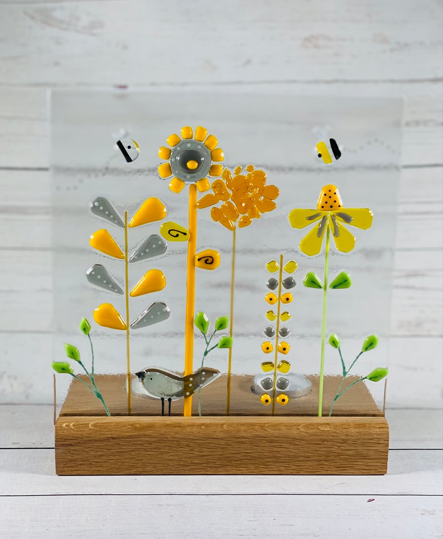 Fused glass retro inspired“the bird and the bees “  art panel