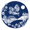 Owl winter scene card- Handprinted 