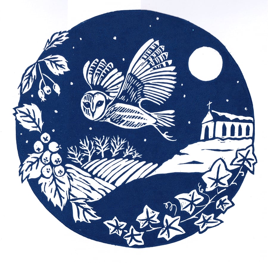 Owl winter scene card- Handprinted Christmas card