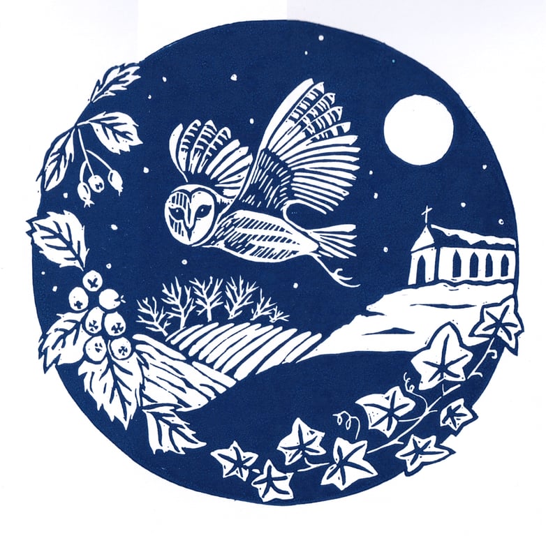 Owl winter scene card- Handprinted Christmas card