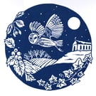 Owl winter scene card- Handprinted