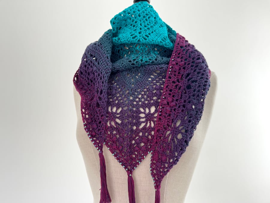 Beaded Crochet Shawl - Turquoise and Purple