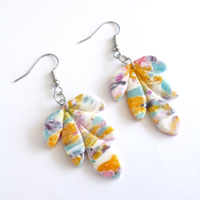 Orange & Turquoise Leaf Polymer Clay Earrings, Colourful Botanical Dangles