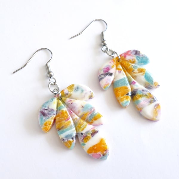Orange & Turquoise Leaf Polymer Clay Earrings, Colourful Botanical Dangles