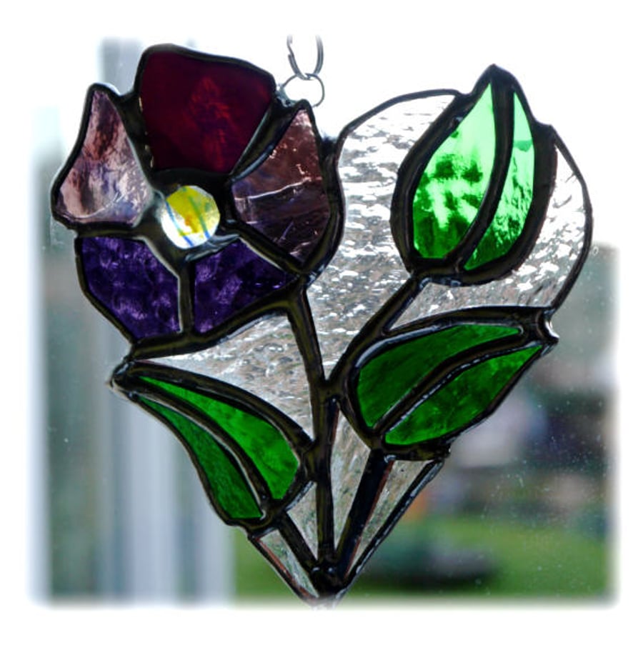 Pansy Heart Suncatcher Stained Glass Flower Purple 