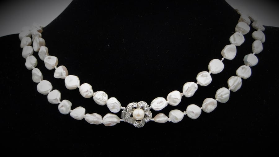 Keshi fresh water pearl 2 strand necklace  special clasp - silver pearl crystal