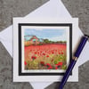Blank Card. Watercolour Landscape Painting. Poppies and Old Barn. Notelet