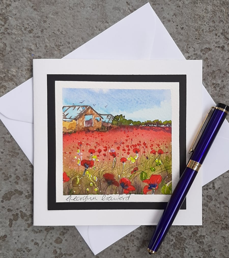 Blank Card. Watercolour Landscape Painting. Poppies and Old Barn. Notelet