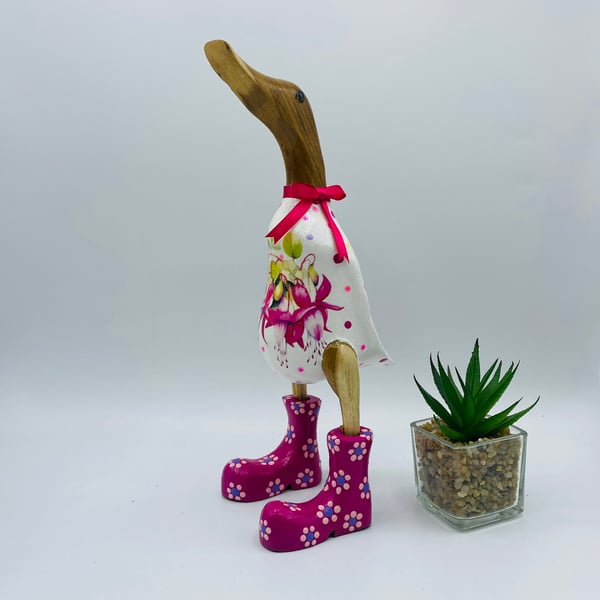wooden duck in wellies, bamboo duck, Fuchsia pink 