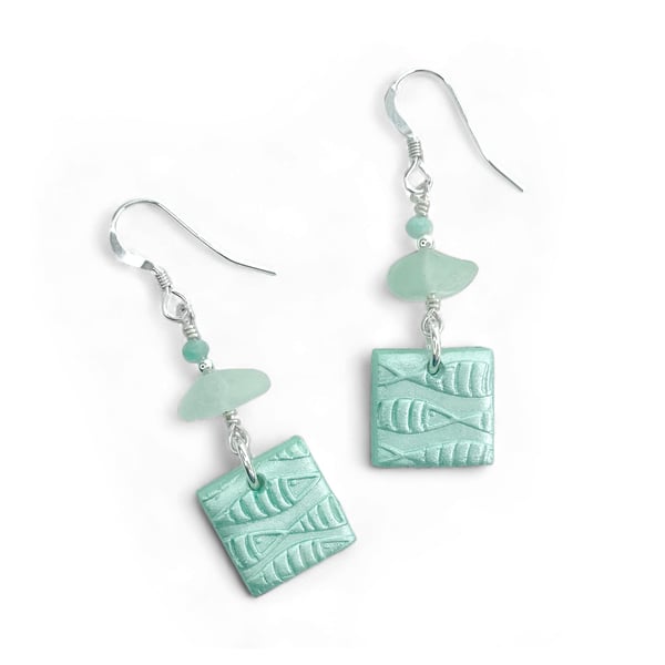 Fish Shoal Dangly Earrings - Green Sea Glass and Amazonite Sterling Silver