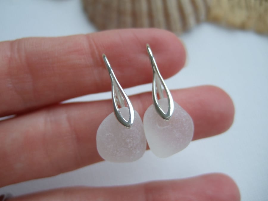 Sea glass earrings, white Seaham sea glass earrings, leaf shaped lever back