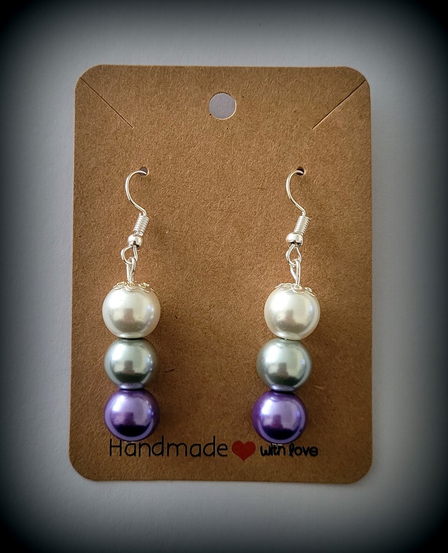 10mm Cream, Silver & Lilac Glass Pearl Dangle Earrings on Silver Plated Hooks
