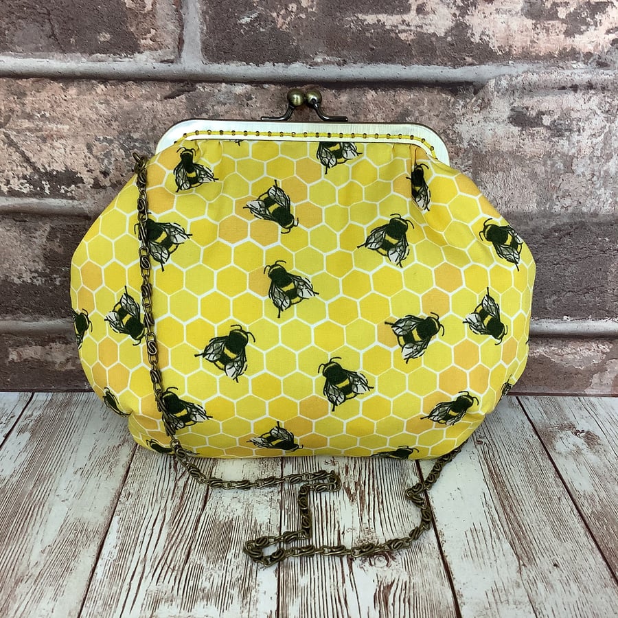 Bees small fabric frame clutch makeup bag handbag purse 