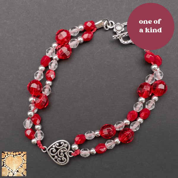 Red and Silver Beaded Bracelet with Filigree Heart