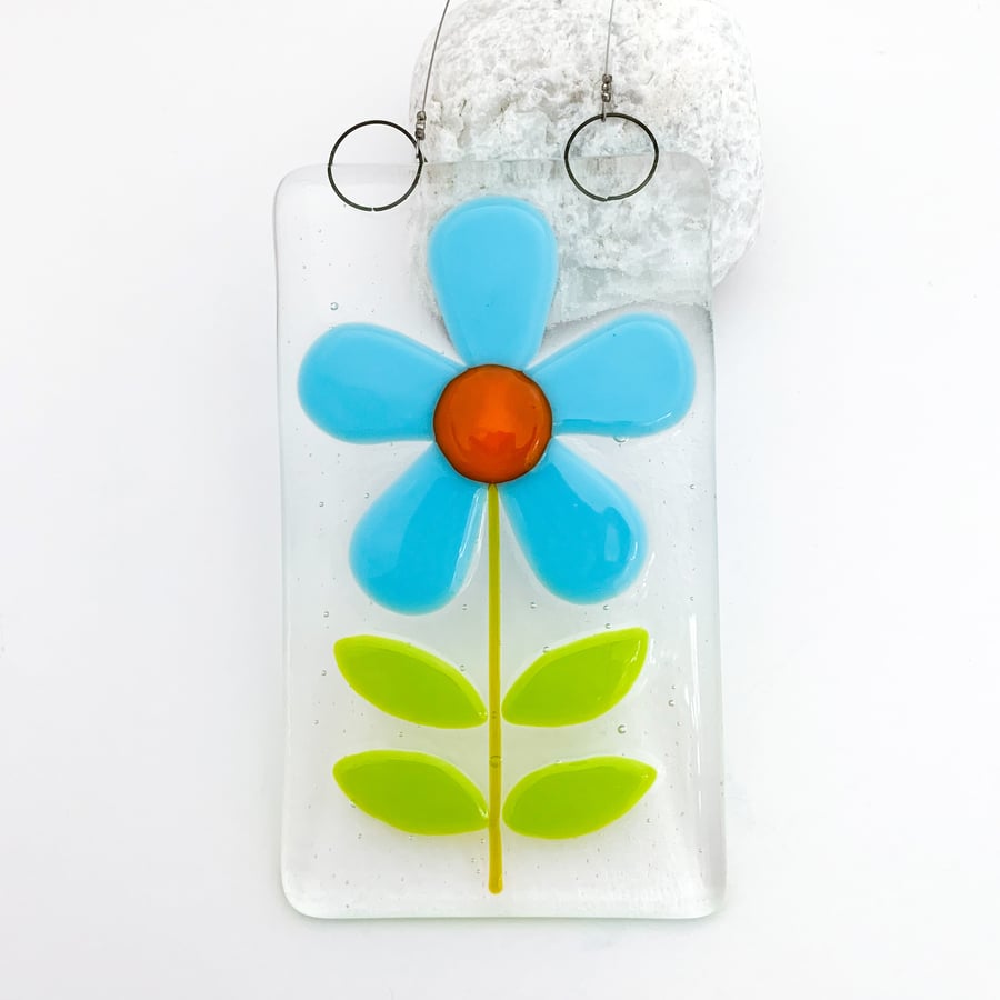 Fused Glass Retro Turquoise Flower Hanging - Handmade Glass Suncatcher