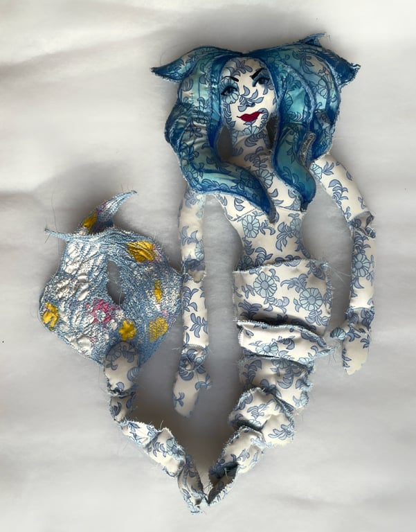 Blue Flowery jointed Mermaid art doll, made from vintage 1970s bedding