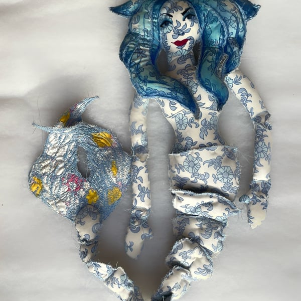 Blue Flowery jointed Mermaid art doll, made from vintage 1970s bedding