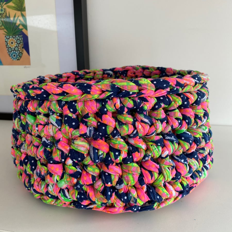 Crochet basket made with upcycled tshirt yarn - neon print