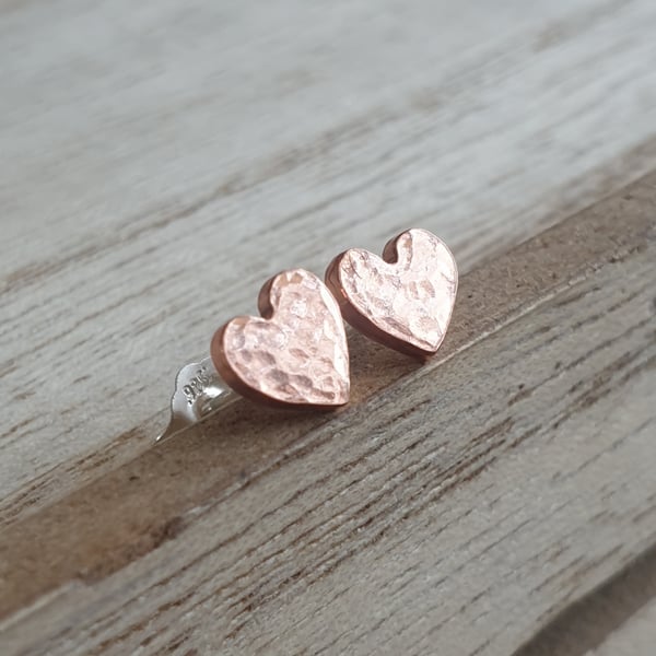 Copper heart stud earrings, 7th anniversary gift, Romantic jewellery