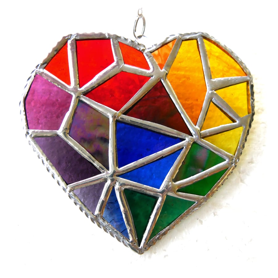 Geometric Patchwork Rainbow Heart Suncatcher Stained Glass Handmade 005