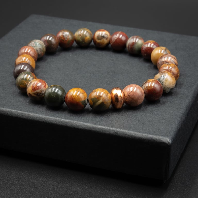 Natural Picasso jasper and copper handmade stretch bracelet, Pisces jewelry