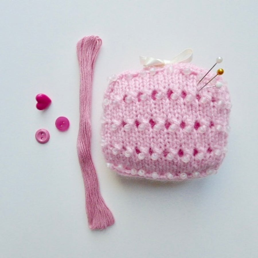 Pretty pink pincushion, knitted beaded pincushion, pin tidy, needlework gift