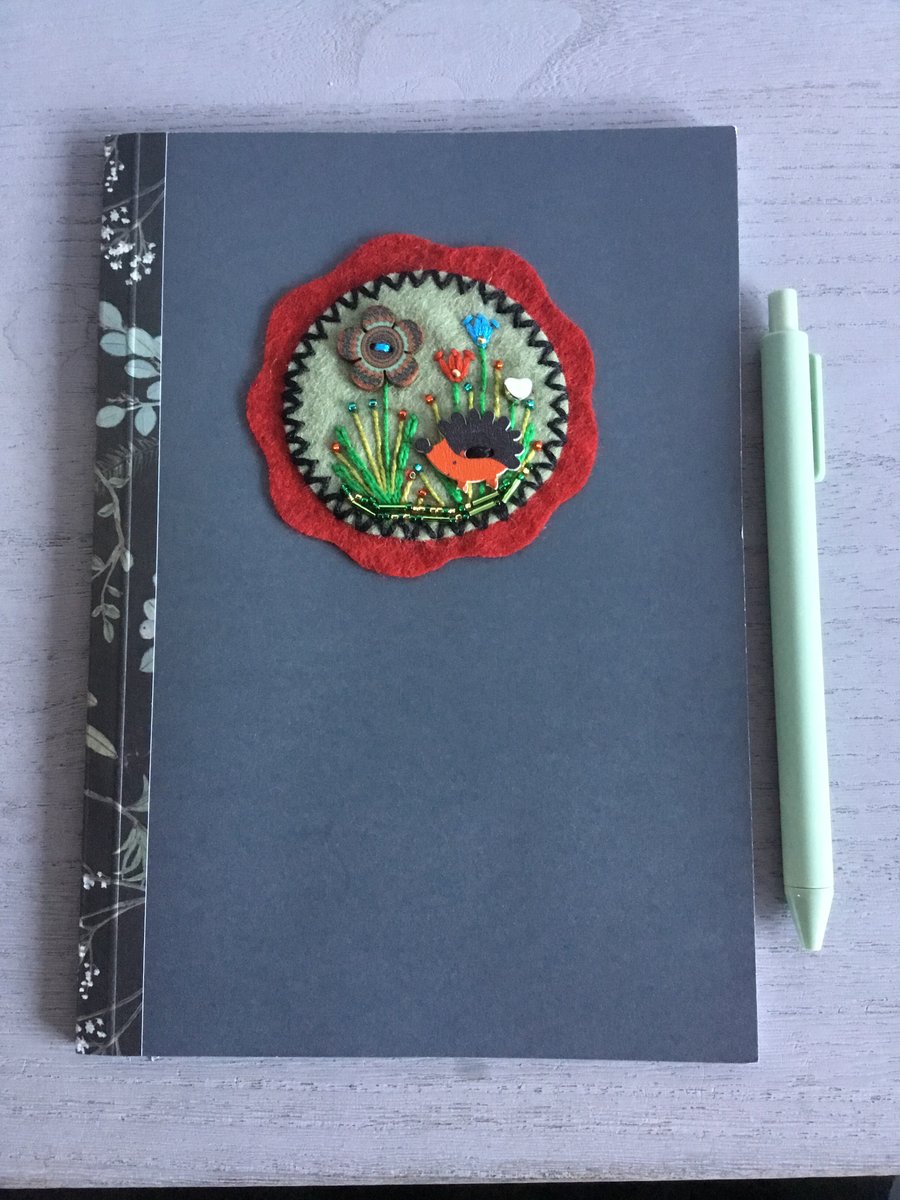 Hand Embroidered Garden Hedgehog Notebook and Pen Set